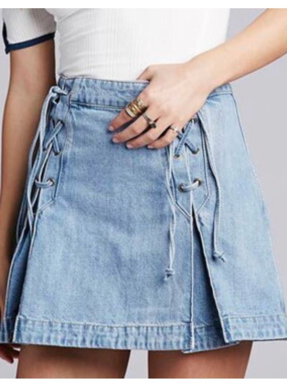 Free People Denim A Line Mini Skirt Lace Up Sides Size 8